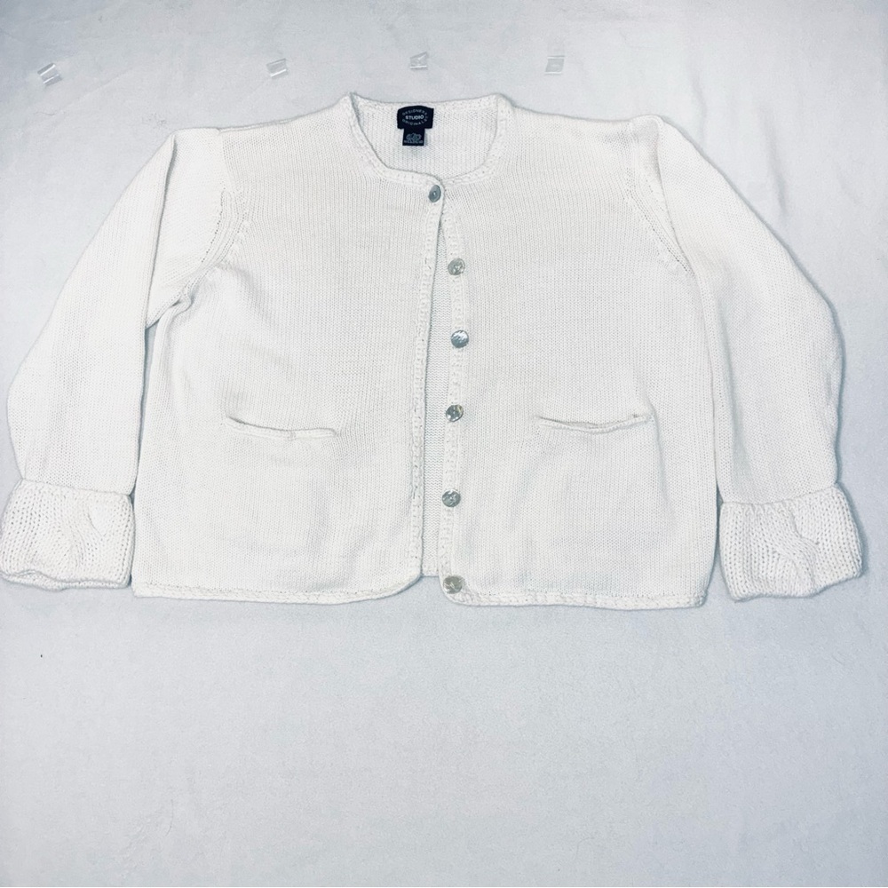 Designer Originals Cotton Chunky Knit button Cardigan Sweater Womens XL White